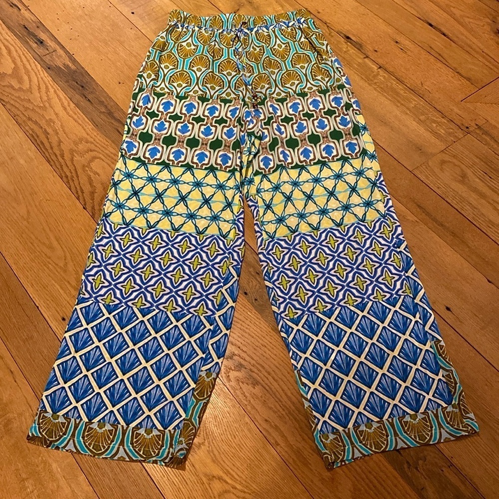 ZARA Wide Leg High Waisted Flowy Bohemian Geometric Pants Blue Aqua Sz Medium